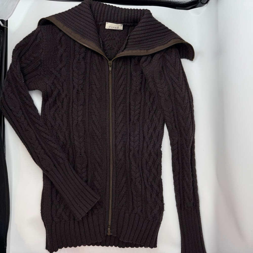 PINKO Italy Chunky Cable Knit Zip-Up Cardigan Sweater Brown
 Medium